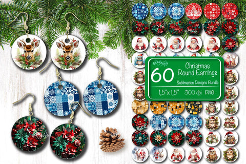 3D Christmas Round Earring Bundle Sublimation Designs Christmas Animals 3D Flowers Sublimation Createya Design 