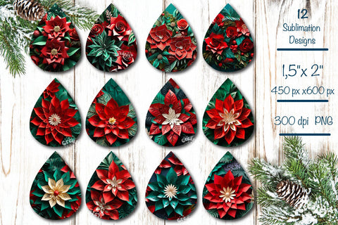 3d Christmas teardrop earrings Bundle sublimation Christmas 3D flower png Sublimation Createya Design 