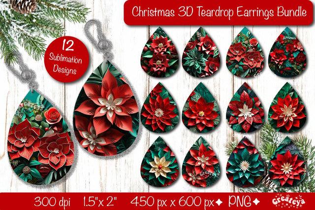 3d Christmas teardrop earrings Bundle sublimation Christmas 3D flower png Sublimation Createya Design 