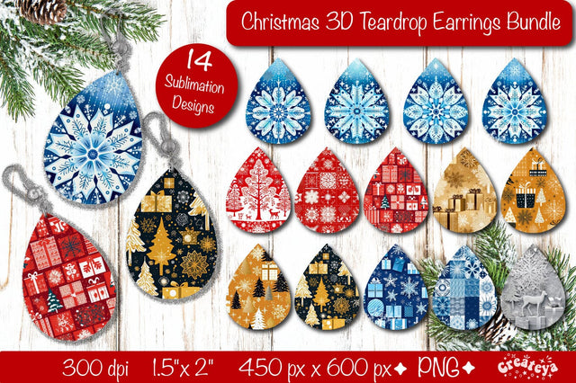 3d Christmas teardrop earrings Bundle sublimation Christmas 3D snowflake background png Sublimation Createya Design 