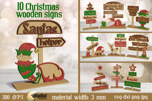 3D Christmas Wooden Signs Bundle. Christmas Signs Lasercut SVG Evgenyia Guschina 