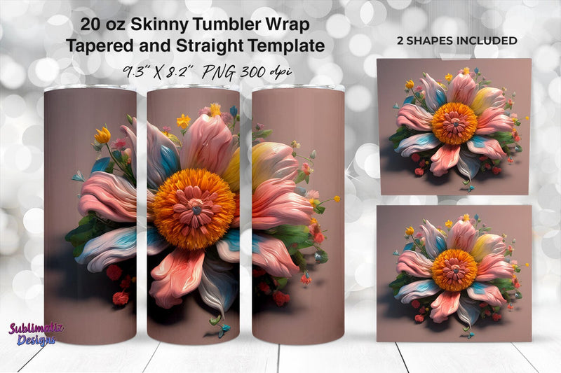 3D Colorful Flower 20oz Skinny Tumbler Wrap Sublimation Sublimatiz Designs 