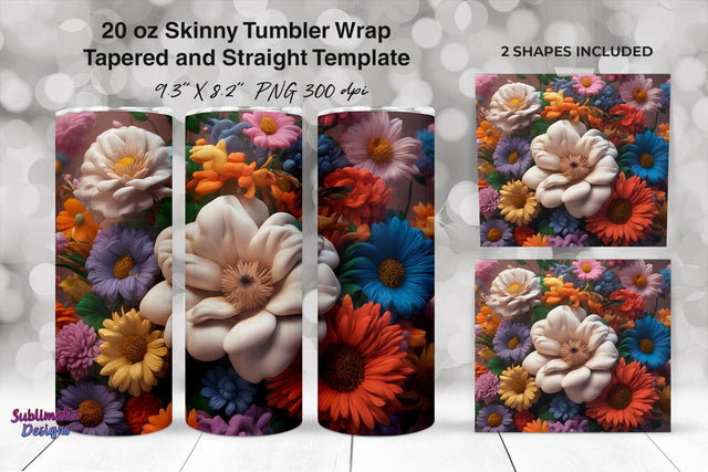 3D Colorful Flowers 20oz Skinny Tumbler Wrap Sublimation Sublimatiz Designs 