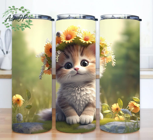 3D Cute Kitten With Flower Crown 20oz Skinny Tumbler Png, Cartoon Style, Nature Background Png, Cat Lover Png, 3D Cute Kitten Yellow Flowers Png Sublimation AdriOP 