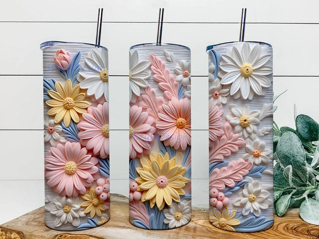 3D Daisy Artificial Flower Arrangement 20 oz Skinny Tumbler Sublimation Design, 3D Handmade White And Yellow Daisy Flowers Tumbler, 3D Flower Tumbler Wrap, Loves Flowers Sublimation iStyleDesign 