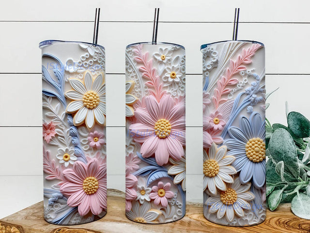 3D Daisy Artificial Flower Arrangement 20 oz Skinny Tumbler Sublimation Design, 3D Handmade White, Blue and Pink Daisy Flowers Tumbler, 3D Flower Tumbler Wrap, Loves Flowers Sublimation iStyleDesign 