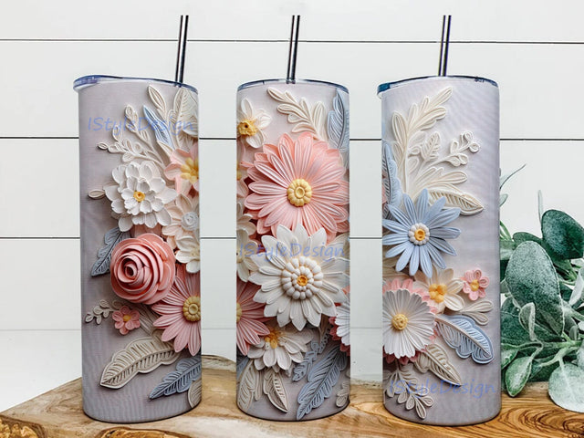 3D Daisy Artificial Flower Arrangement 20 oz Skinny Tumbler Sublimation Design, 3D Handmade White, Blue and Pink Daisy Flowers Tumbler, 3D Flower Tumbler Wrap, Loves Flowers Sublimation iStyleDesign 
