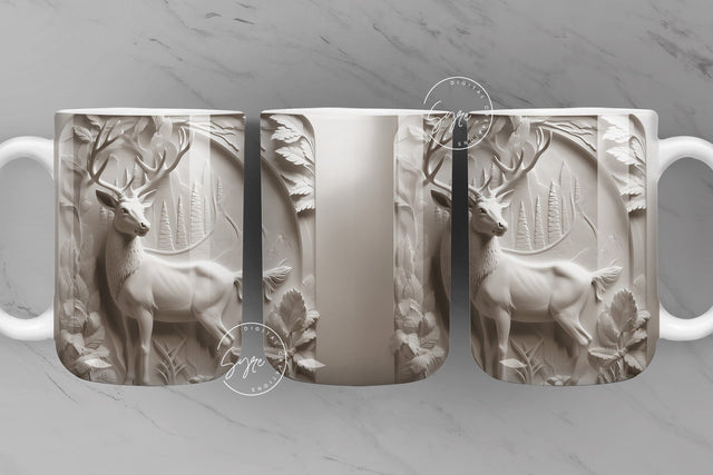 3D Deer Mug, White Floral Mug Wrap, Deer Mug Design, 3D Flower Mug, 3D Mural Mug, 11 & 15 Oz Mug Sublimation Wrap, Digital Download Sublimation Syre Digital Creations 