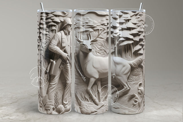 3D Deer Tumbler, Hunting Tumbler Wrap, 20 oz Skinny Tumbler Sublimation, Spring Tumbler, Plaster Wall Art, White Deer With Hunter Tumbler Sublimation Syre Digital Creations 