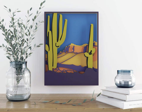 3d desert layered svg, western svg, laser cut files, cnc files for wood, texas svg, mountain svg, cactus svg, shadowbox svg, Glowforge files SVG CutLeafSvg 