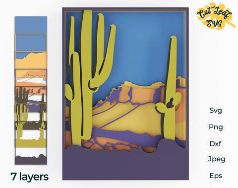 3d desert layered svg, western svg, laser cut files, cnc files for wood, texas svg, mountain svg, cactus svg, shadowbox svg, Glowforge files SVG CutLeafSvg 