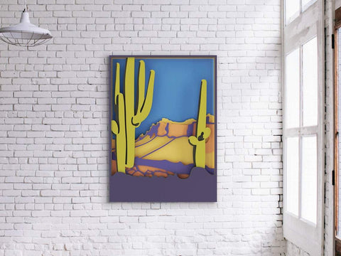 3d desert layered svg, western svg, laser cut files, cnc files for wood, texas svg, mountain svg, cactus svg, shadowbox svg, Glowforge files SVG CutLeafSvg 