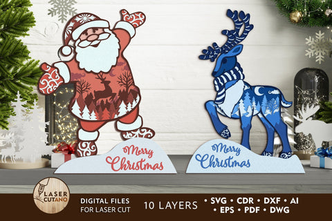 3D Designs CHRISTMAS, Santa and Deer, Multilayer Laser Cut Files, Mandala, SVG, Mini Design Bundles SVG LaserCutano 
