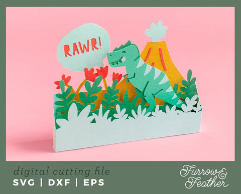 3D Dinosaur Birthday Box Card 3D Paper Furrow and Feather SVG 