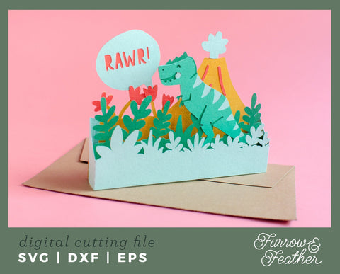 3D Dinosaur Birthday Box Card 3D Paper Furrow and Feather SVG 