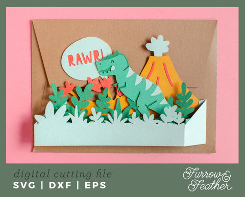 3D Dinosaur Birthday Box Card 3D Paper Furrow and Feather SVG 