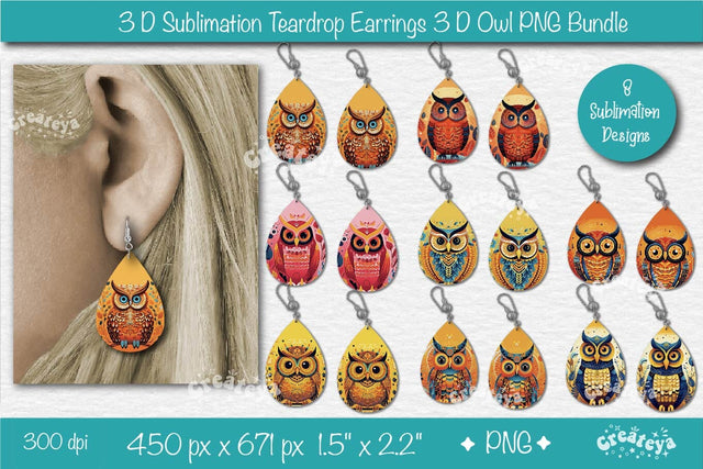 3D Earring sublimation bundle 3D Teardrop earring 3D Effect Owl Sublimation Sublimation Createya Design 