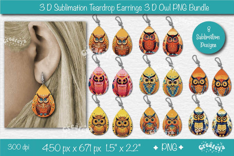 3D Earring sublimation bundle 3D Teardrop earring 3D Effect Owl Sublimation Sublimation Createya Design 