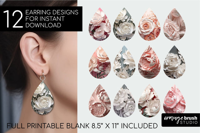 3D Earrings Bundle, 3d Flowers Sublimation Teardrop Earrings Sublimation OrangeBrushStudio 