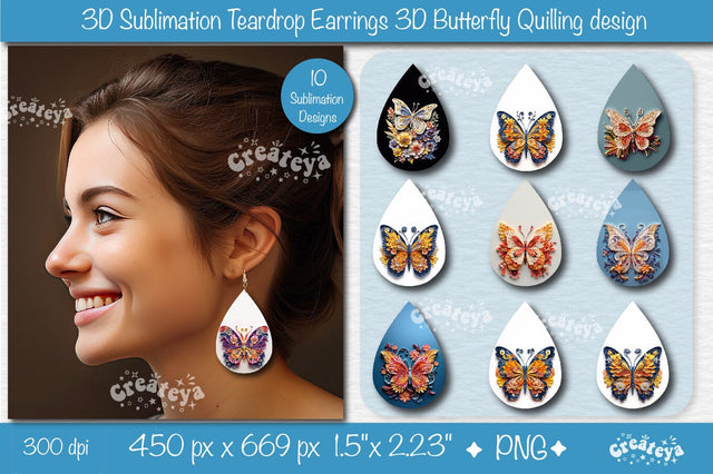 3D Earrings Sublimation Bundle 3D butterfly Teardrop earring 3D sublimation quillingv Sublimation Createya Design 