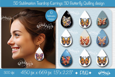 3D Earrings Sublimation Bundle 3D butterfly Teardrop earring 3D sublimation quillingv Sublimation Createya Design 