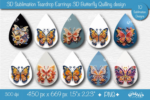 3D Earrings Sublimation Bundle 3D butterfly Teardrop earring 3D sublimation quillingv Sublimation Createya Design 