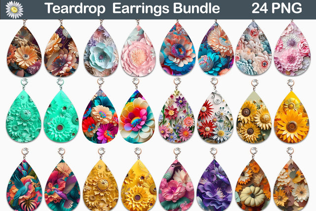 3D Earrings Sublimation Bundle | 3D Flower Teardrop Earrings Sublimation WatercolorColorDream 