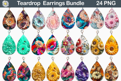 3D Earrings Sublimation Bundle | 3D Flower Teardrop Earrings Sublimation WatercolorColorDream 