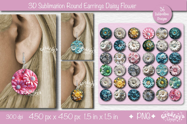 3D Earrings Sublimation| Round earring 3D Daisy 3D sublimation bundle Floral Sublimation Createya Design 