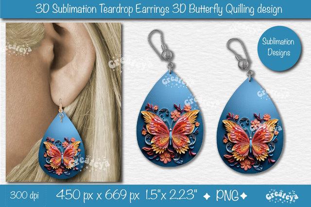 3D Earrings Sublimation Teardrop earring 3D butterfly 3D sublimation quilling Sublimation Createya Design 