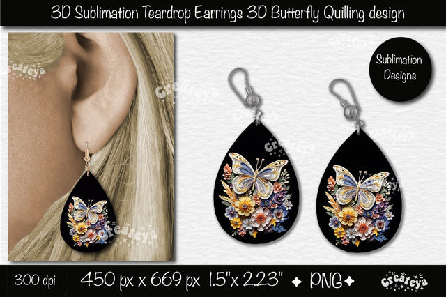3D Earrings Sublimation Teardrop earring 3D butterfly 3D sublimation quilling Sublimation Createya Design 