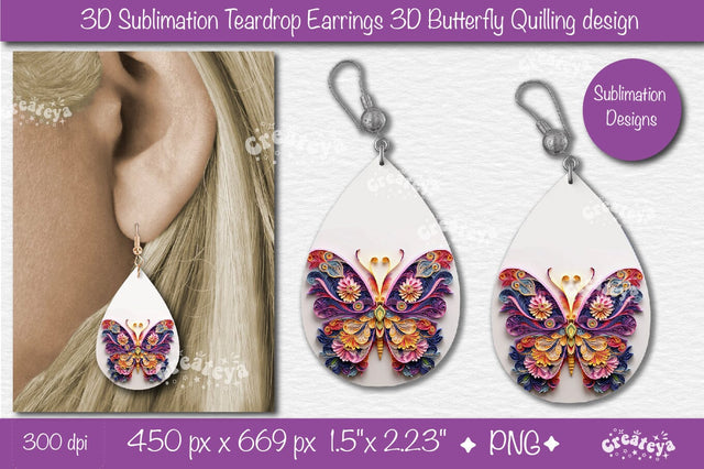 3D Earrings Sublimation Teardrop earring 3D butterfly 3D sublimation quilling Sublimation Createya Design 