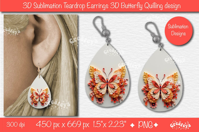 3D Earrings Sublimation Teardrop earring 3D butterfly 3D sublimation quilling Sublimation Createya Design 