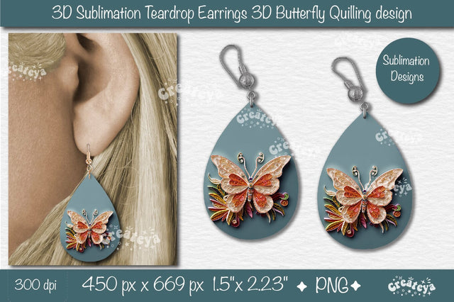 3D Earrings Sublimation Teardrop earring 3D butterfly 3D sublimation quilling Sublimation Createya Design 