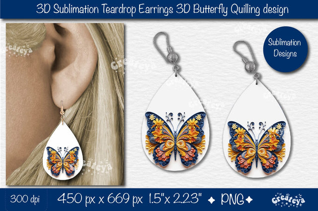 3D Earrings Sublimation Teardrop earring 3D butterfly 3D sublimation quilling Sublimation Createya Design 