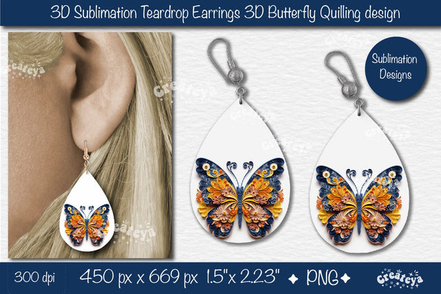 3D Earrings Sublimation Teardrop earring 3D butterfly 3D sublimation quilling Sublimation Createya Design 