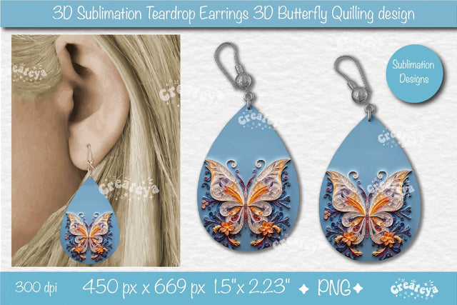 3D Earrings Sublimation Teardrop earring 3D butterfly 3D sublimation quilling Sublimation Createya Design 