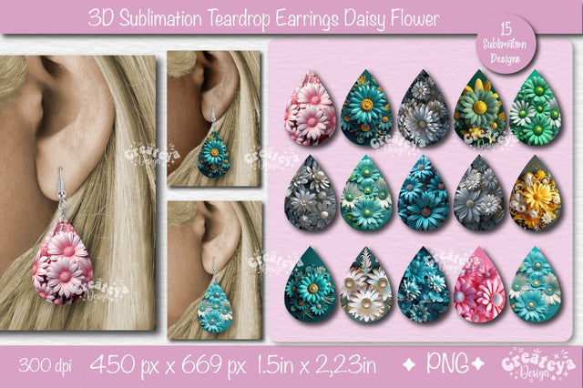 3D Earrings Sublimation| Teardrop earring 3D Daisy| 3D sublimation bundle| Floral Sublimation Createya Design 