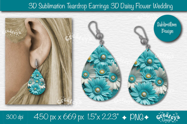 3D Earrings Sublimation Teardrop earring 3D Daisy 3D sublimation Floral Sublimation Createya Design 