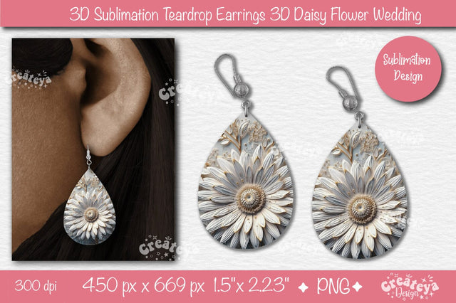 3D Earrings Sublimation Teardrop earring 3D Daisy 3D sublimation Floral Sublimation Createya Design 