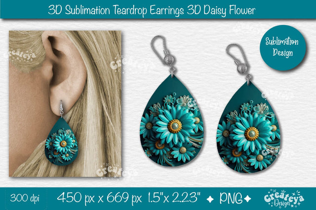 3D Earrings Sublimation Teardrop earring 3D Daisy 3D sublimation Floral Sublimation Createya Design 