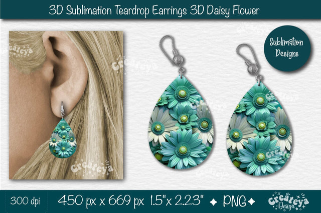 3D Earrings Sublimation Teardrop earring 3D Daisy 3D sublimation Floral Sublimation Createya Design 