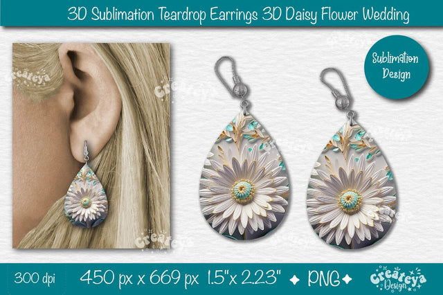 3D Earrings Sublimation Teardrop earring 3D Daisy 3D sublimation Floral Sublimation Createya Design 
