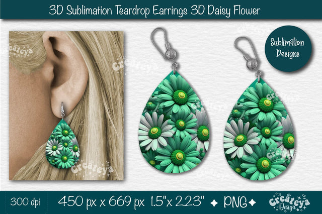 3D Earrings Sublimation Teardrop earring 3D Daisy 3D sublimation Floral Sublimation Createya Design 