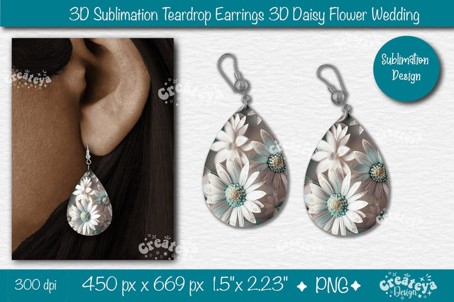 3D Earrings Sublimation Teardrop earring 3D Daisy 3D sublimation Floral Sublimation Createya Design 