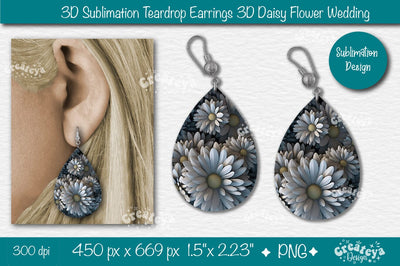 3D Earrings Sublimation Teardrop earring 3D Daisy 3D sublimation Floral Sublimation Createya Design 