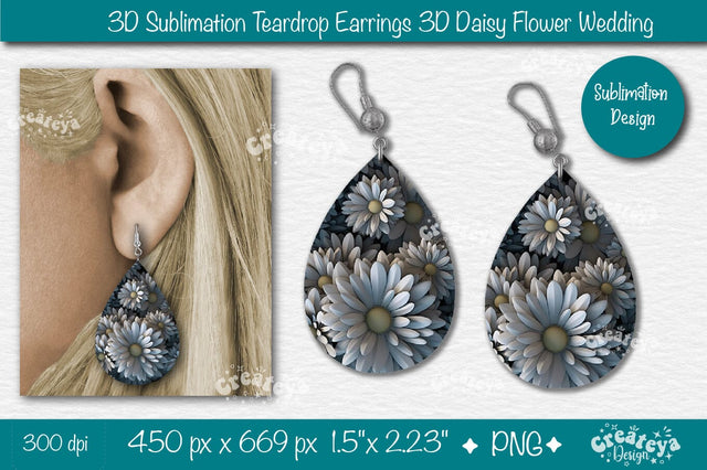 3D Earrings Sublimation Teardrop earring 3D Daisy 3D sublimation Floral Sublimation Createya Design 