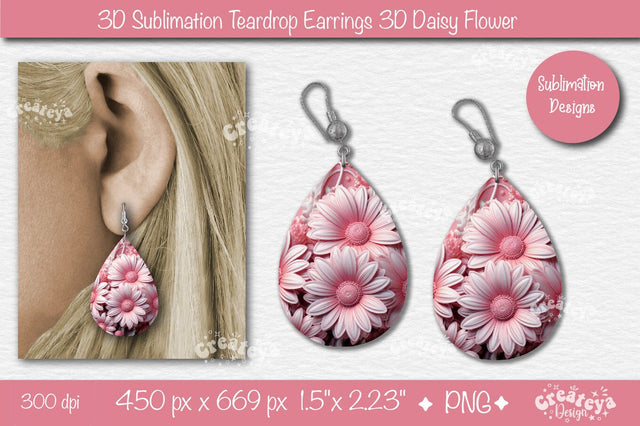 3D Earrings Sublimation Teardrop earring 3D Daisy 3D sublimation Floral Sublimation Createya Design 