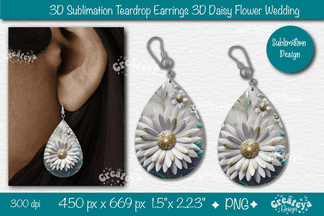 3D Earrings Sublimation Teardrop earring 3D Daisy 3D sublimation Floral Sublimation Createya Design 