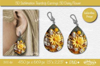 3D Earrings Sublimation Teardrop earring 3D Daisy 3D sublimation Floral Sublimation Createya Design 